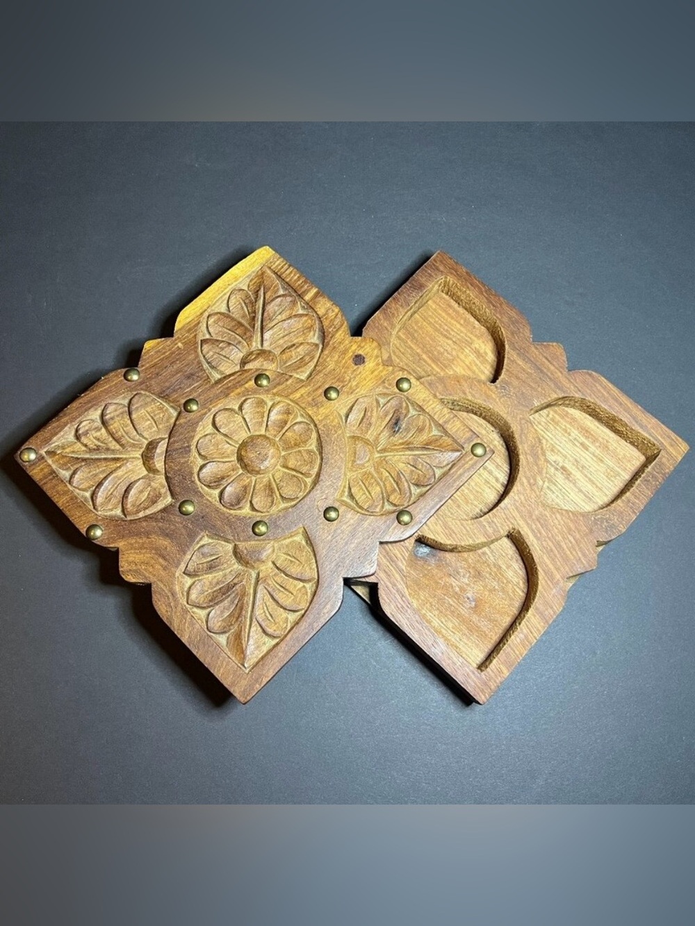 Vintage Hand Carved Wooden Floral Studded Square Stash Trinket Box w/ Pivot Lid